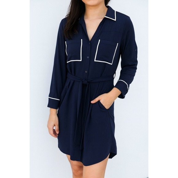 Express Navy Blue Shirt Dress White Trim Long Sleeve Belted Small S - Picture 1 of 6